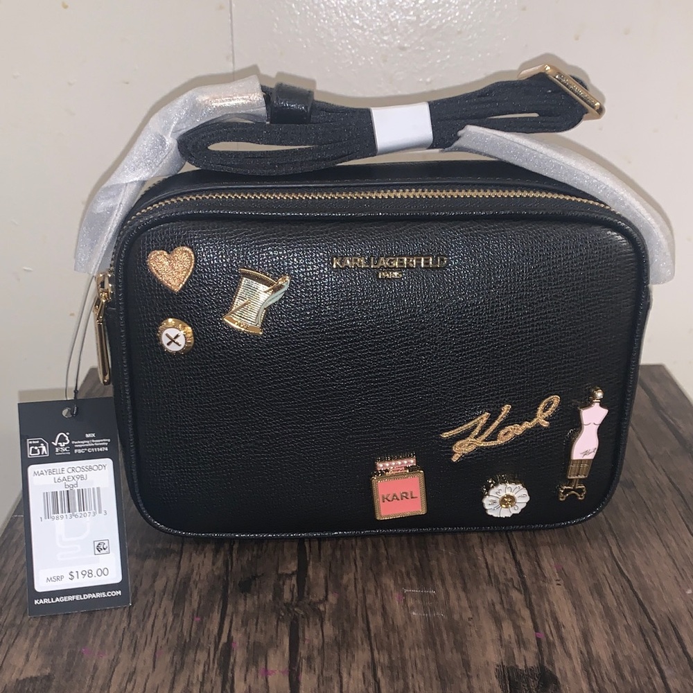 Karl Lagerfeld Black Crossbody Bag with Gold Accents